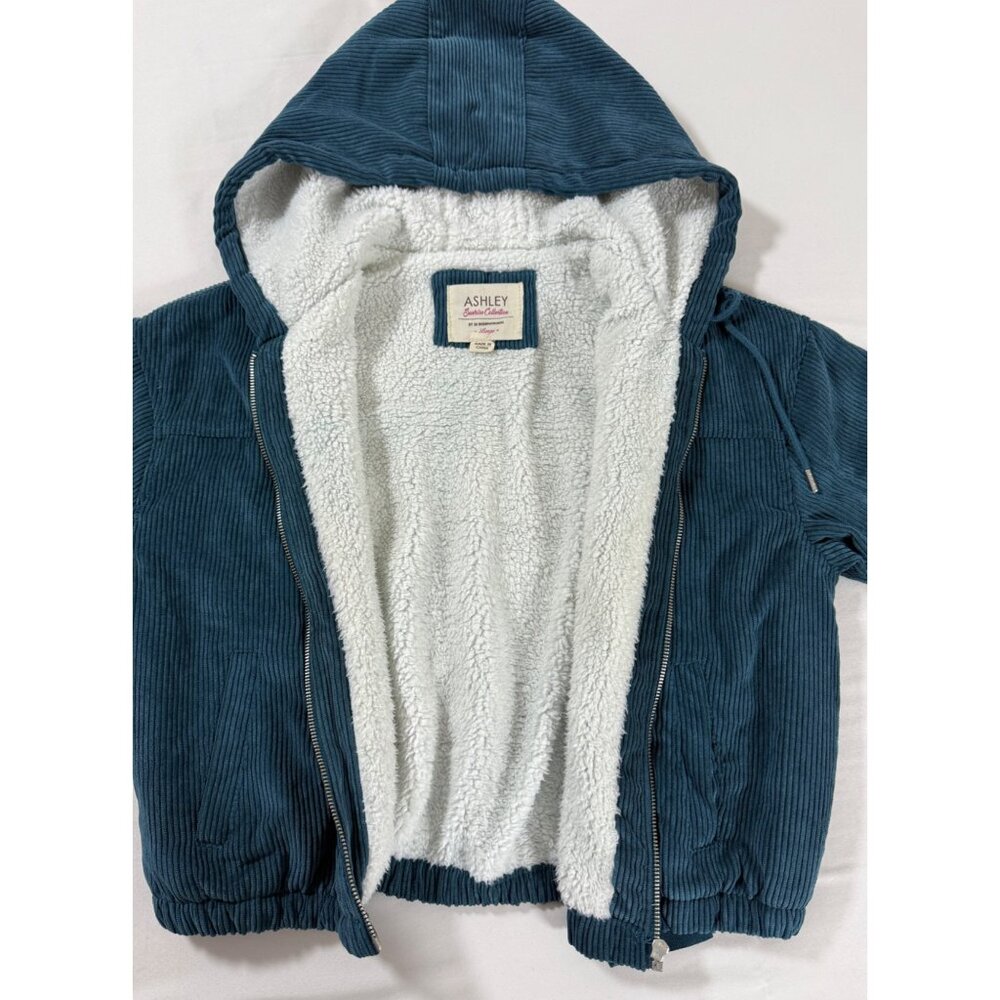 Women’s Y2K Teal Corduroy Sherpa Lined Zip Hoodie Jacket Large Cozy Retro Soft - Picture 6 of 12